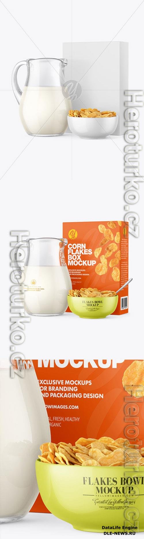 Glass Milk Jug and Bowl with Corn Flakes Mockup 86588