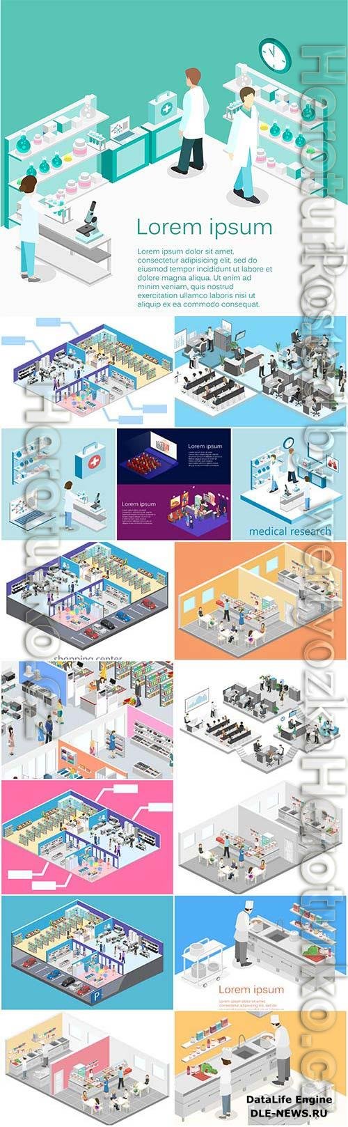 Isometric set of illustrations in vector