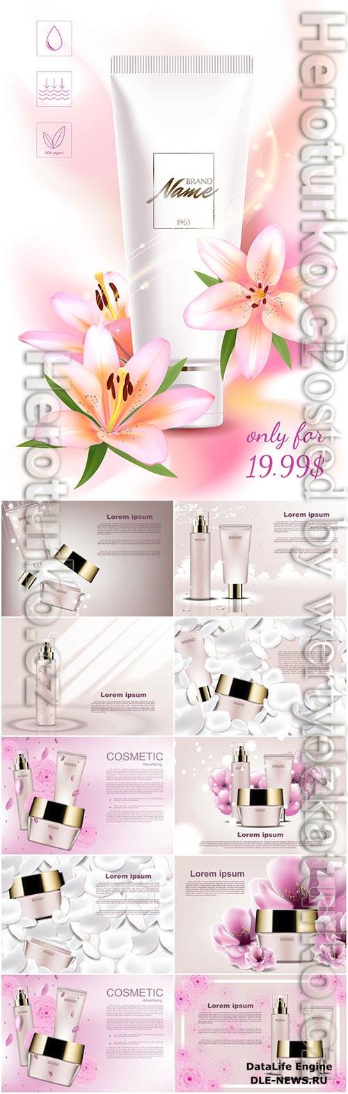 Cosmetic products on background with flowers in vector