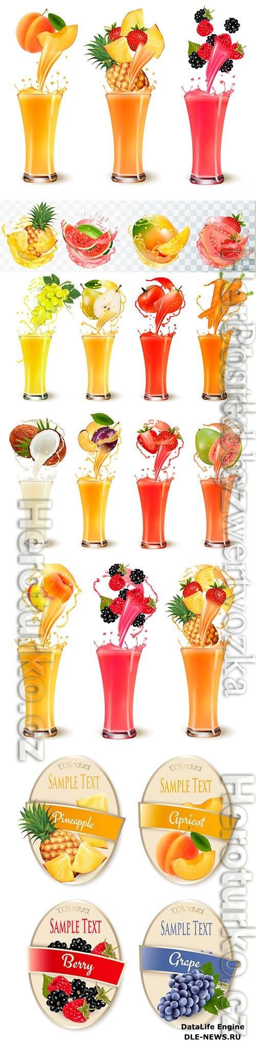 Fresh fruit and berry juices in vector