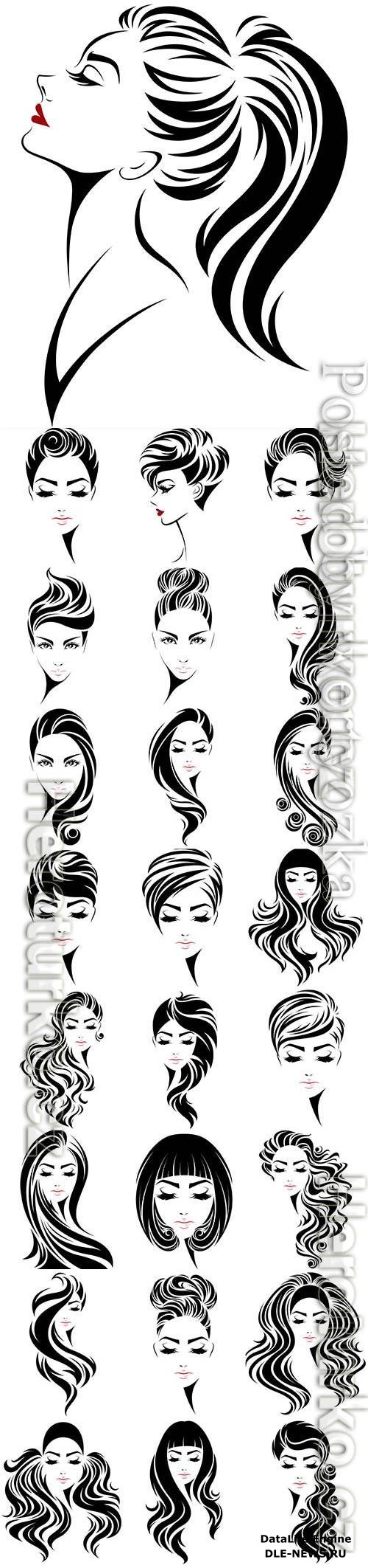 Drawn faces of girls with different hairstyles in vector