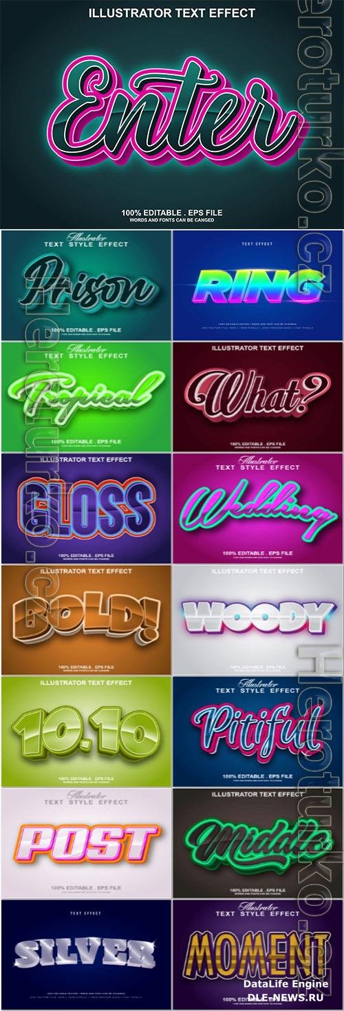 Set 3d editable text style effect vector vol 201