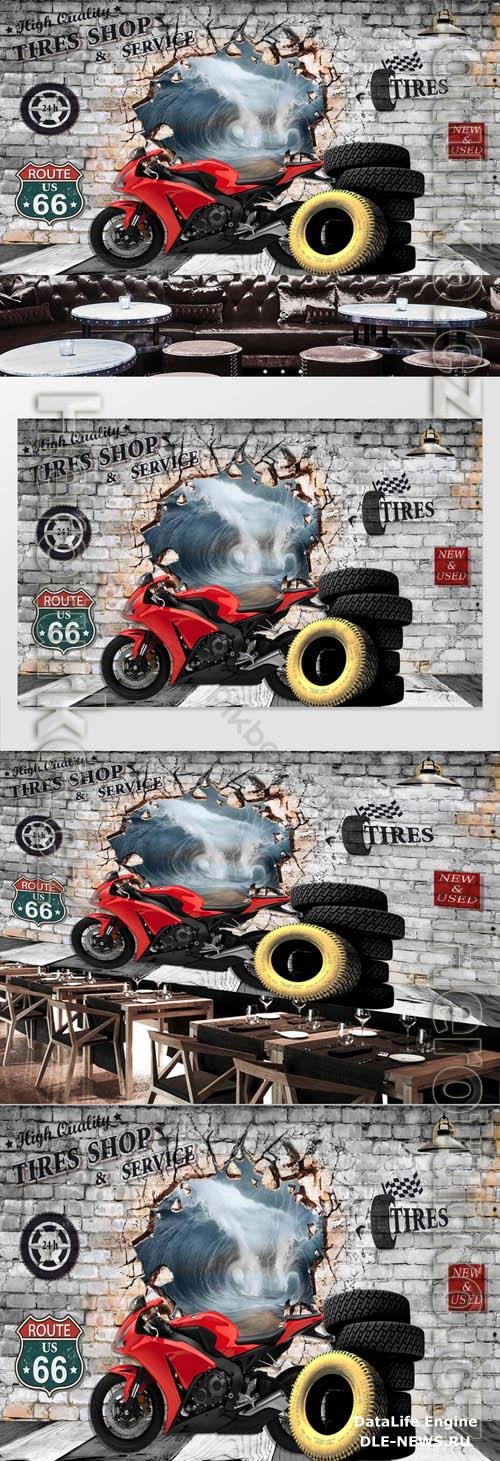 Retro 3d brick wall motorcycle background wall