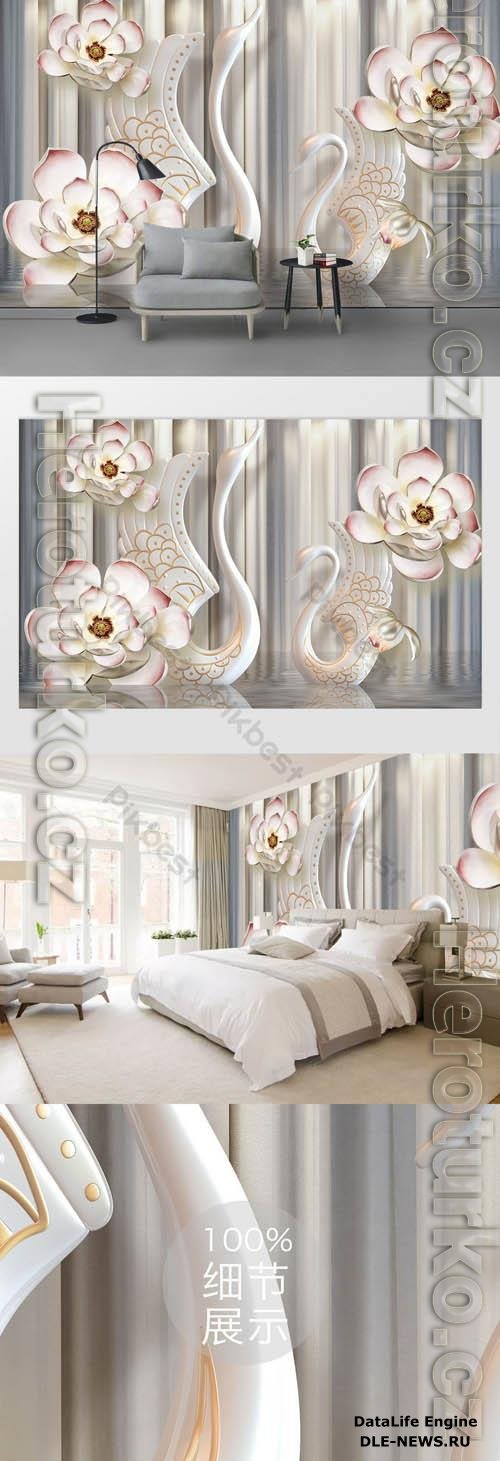 Light luxury 3d flower swan embossed background wall