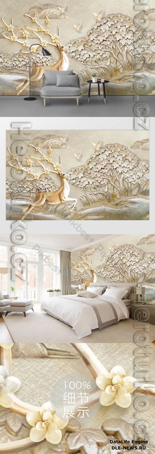 3d embossed tree bird golden deer tv background