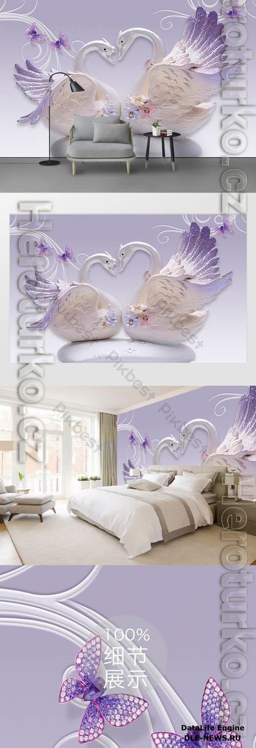 3d embossed elegant purple swan background wall