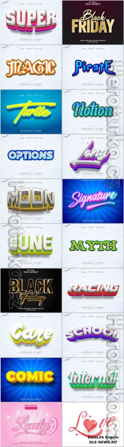 Set 3d editable text style effect vector vol 67