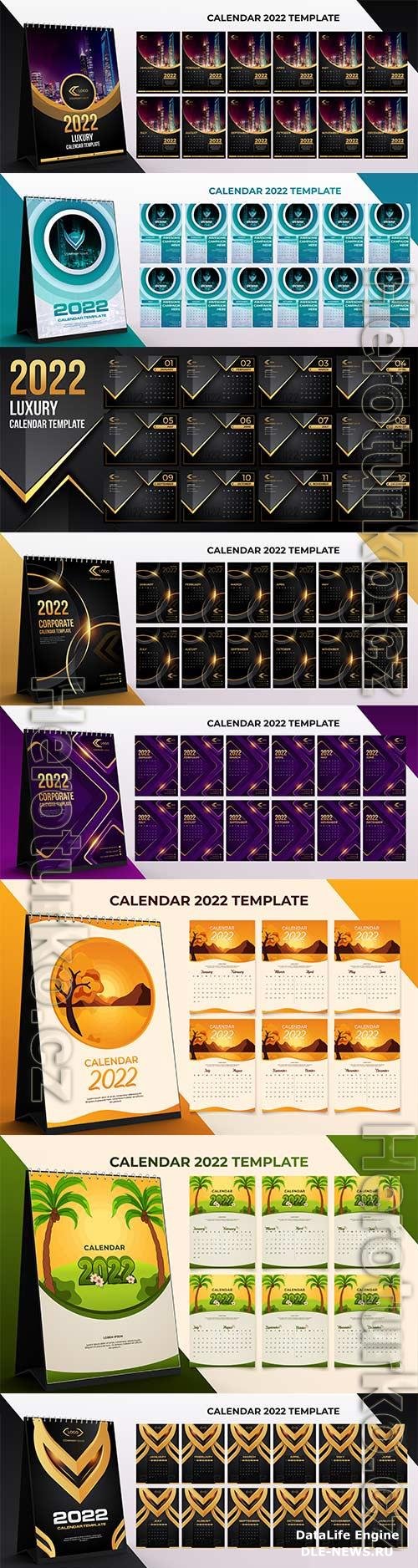 2022 desk calendar corporate template set of 12 months with black gold color background premium vector
