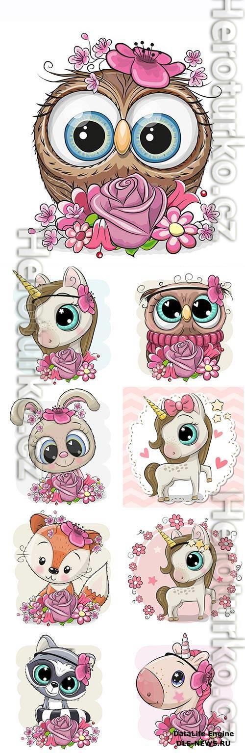 Unicorn, raccoon, bunny and funny cartoon owls vector Illustrations