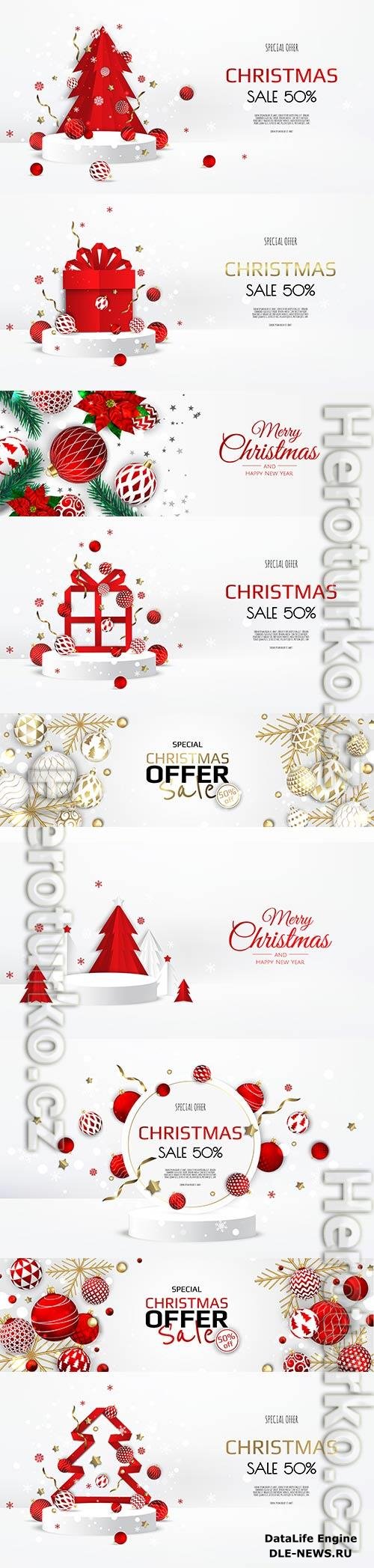 Christmas vector illustration with Christmas trees balls and decorative elements on a white background