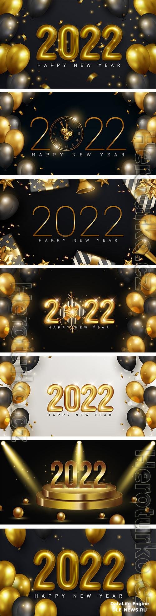 2022 number made by sparkle lights with golden balloons and stars for happy new year concept