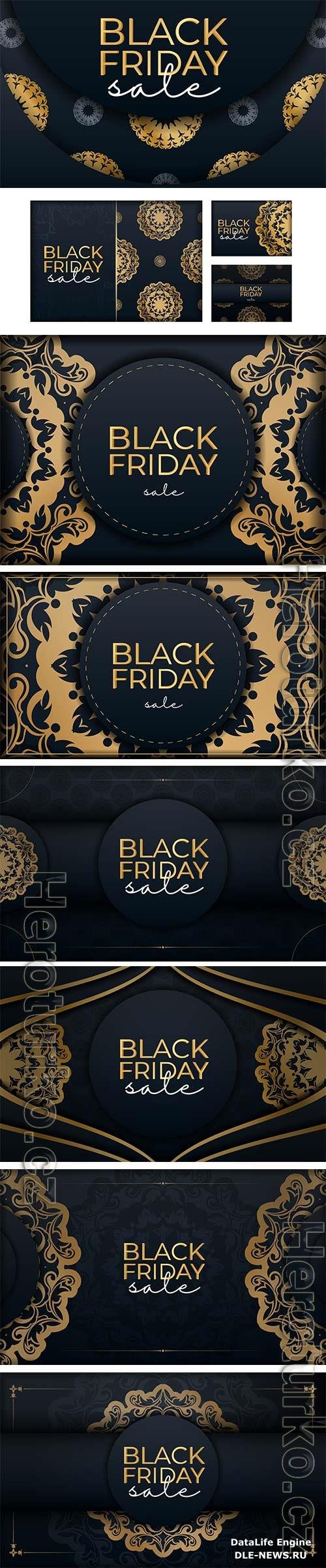 Black friday sale poster with vintage gold pattern premium vector