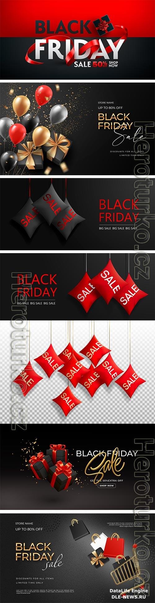 Black friday sale banner background with realistic 3d objects