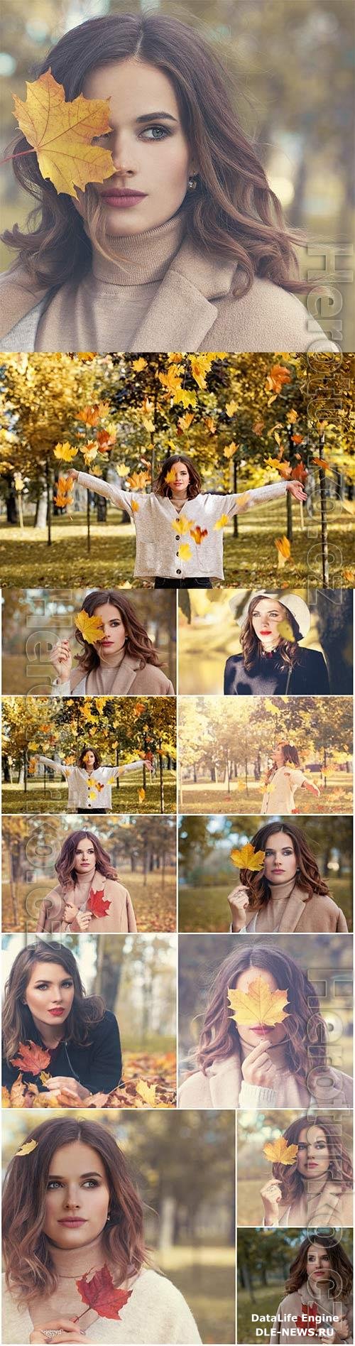 Girls and golden autumn stock photo