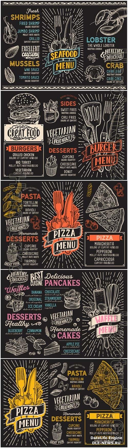 Pizza, desserts and seafood, menu in vintage style in vector