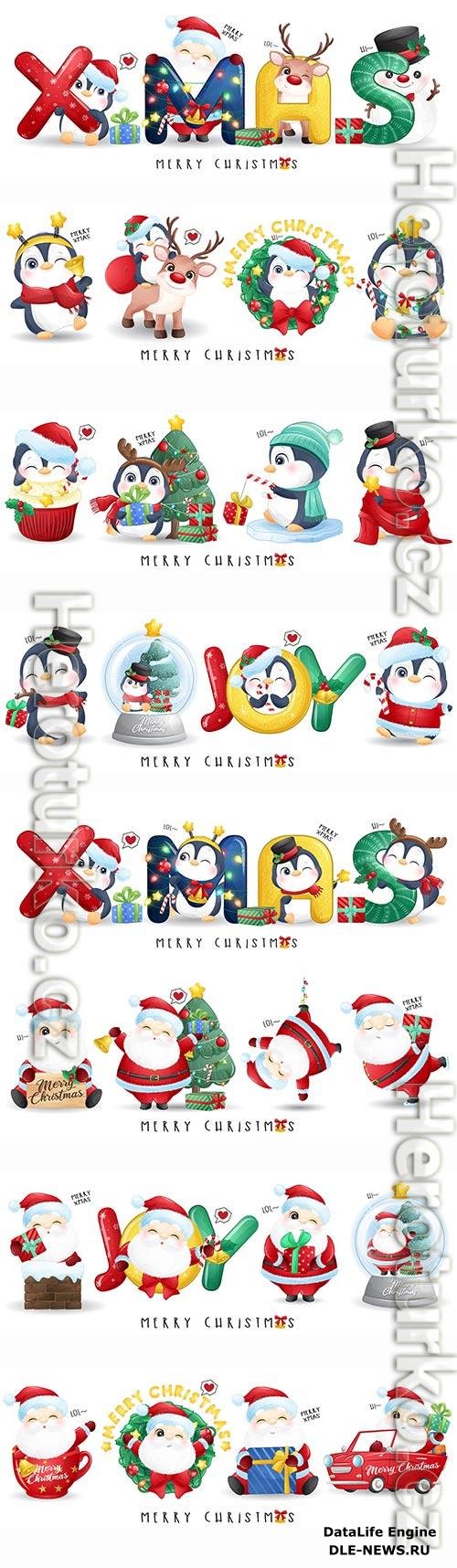 Santa claus and friends for merry christmas illustration premium vector