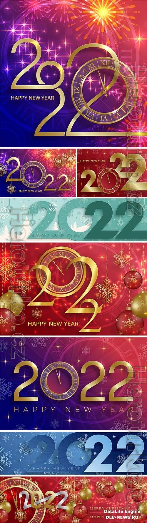 Happy new year 2022, christmas balls and snowflakes concept on color vector background