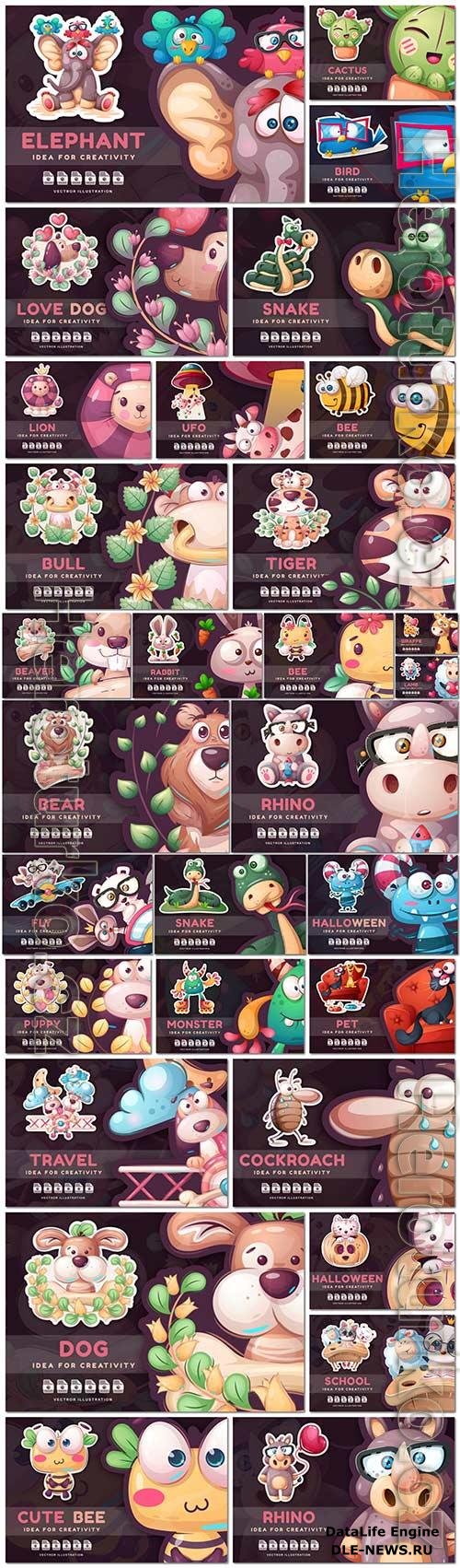 Cartoon Stickers Set Character Animals