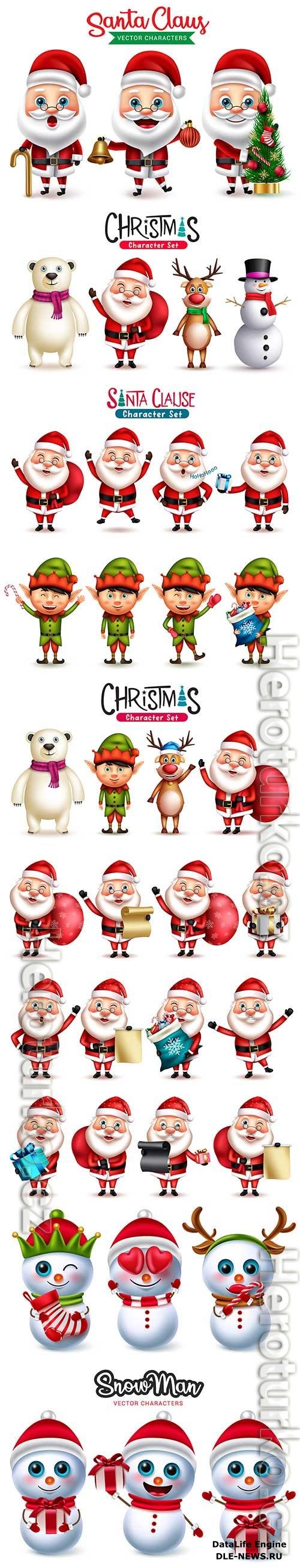 Christmas characters vector set, santa claus, elf, reindeer and polar bear