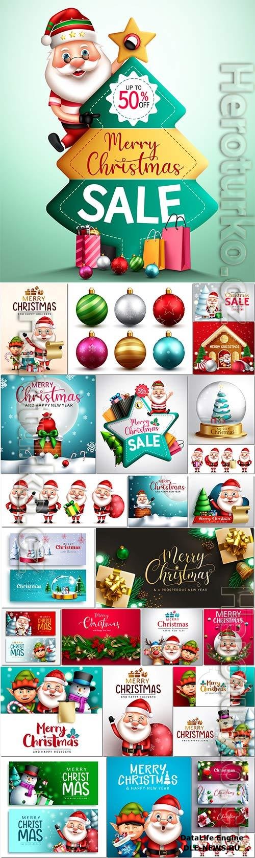 Christmas characters vector set merry christmas greeting text with santa claus