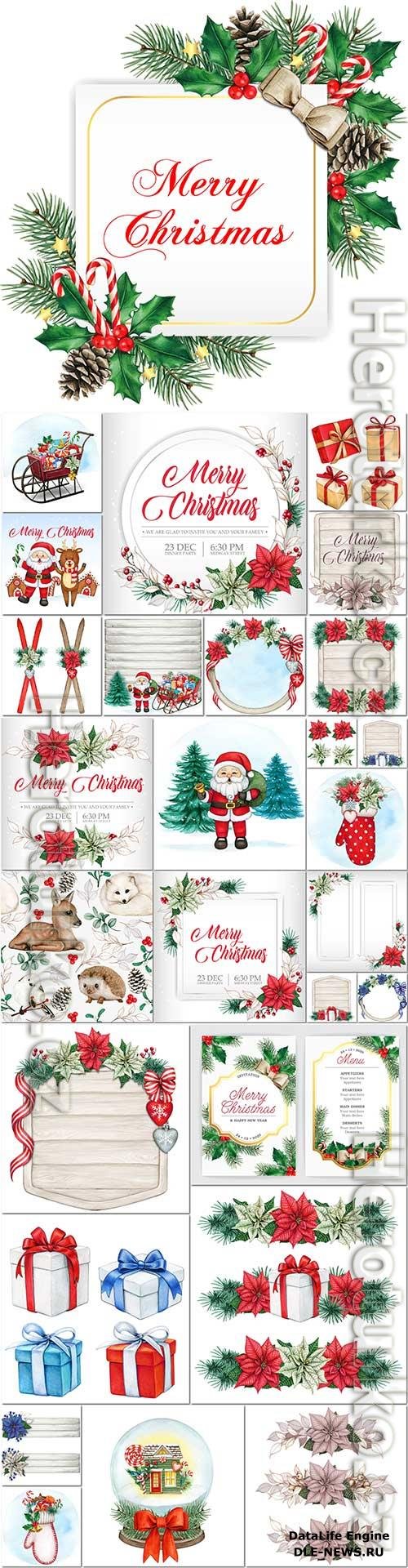 Hand drawn Merry christmas and happy new year poster vector