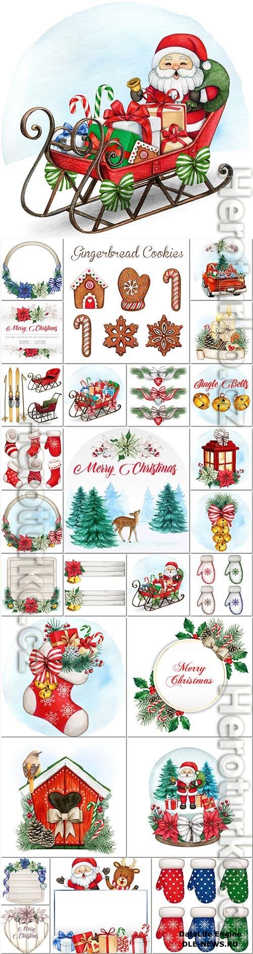 Santa claus and christmas decorations, new year elements in vector