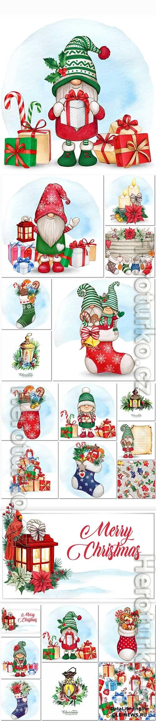 Watercolor hand drawn santa with holiday decorations and elements in vector