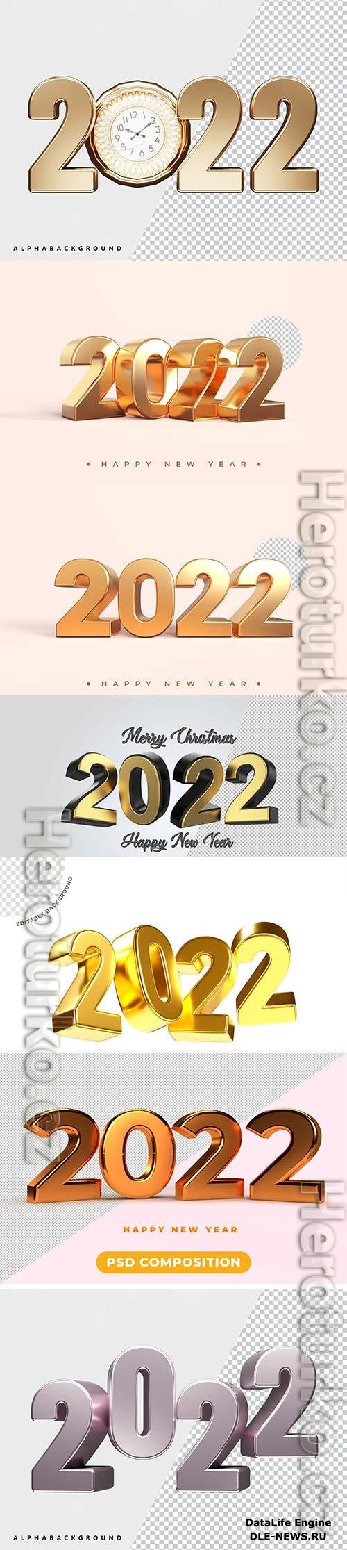 Psd Happy new year 2022 gold 3d rendering isolated on transparent background