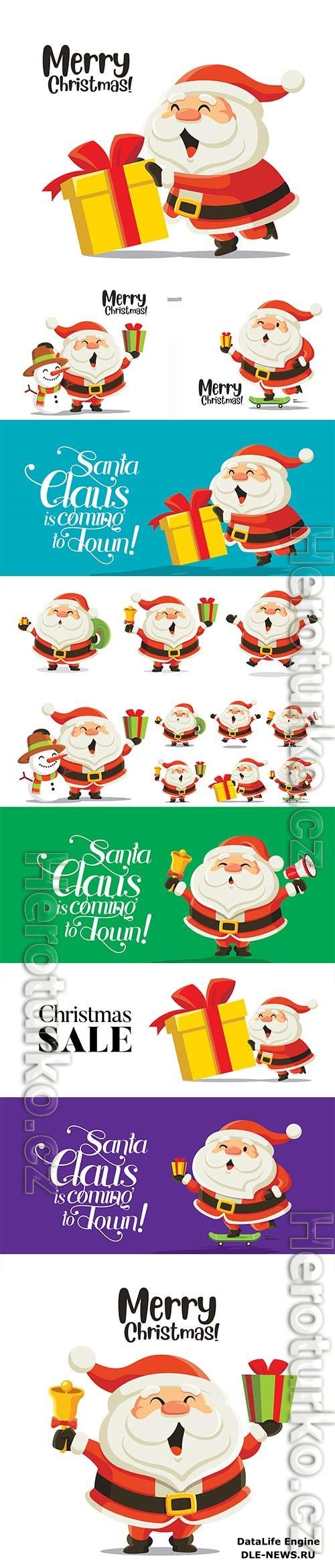 Merry christmas greeting with cartoon cute santa claus pushing big christmas present premium vector