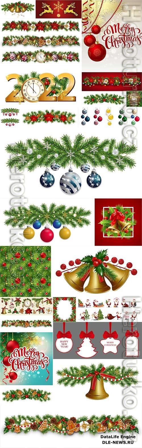 Christmas border decoration with baubles new year garland with christmas tree branches and balls