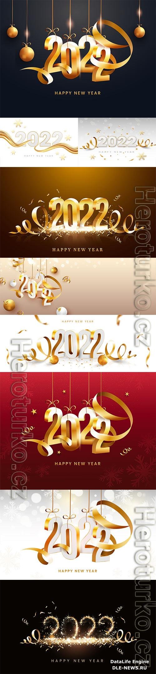 3d 2022 number hang with golden curl ribbons and baubles on peach bokeh background