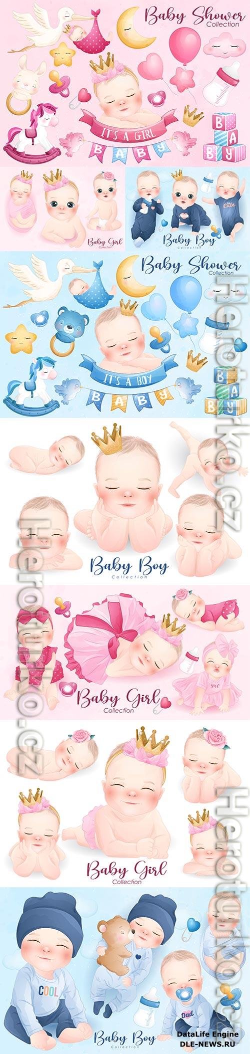 Cute baby girl and boy in watercolor style collection vector