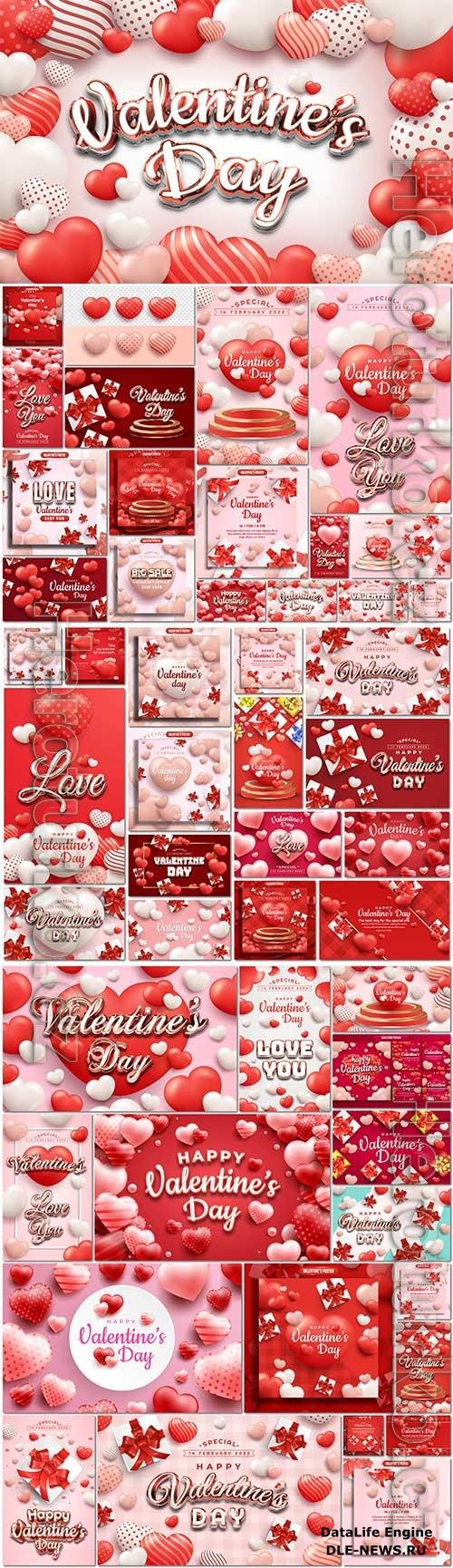 Romantic valentines day vector sett with gift box and realistic hearts