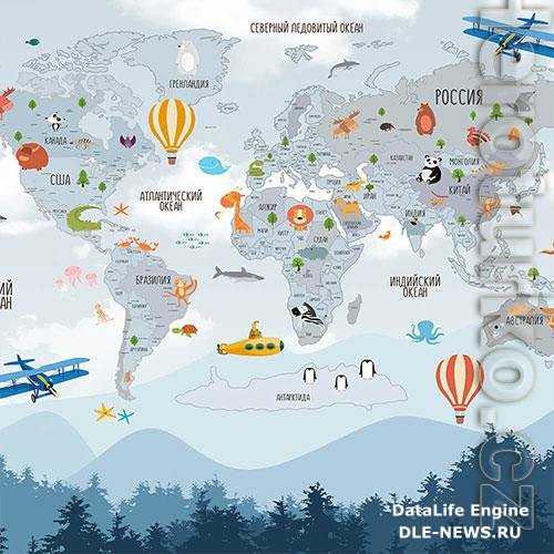 3D texture world map and flying transport balloons