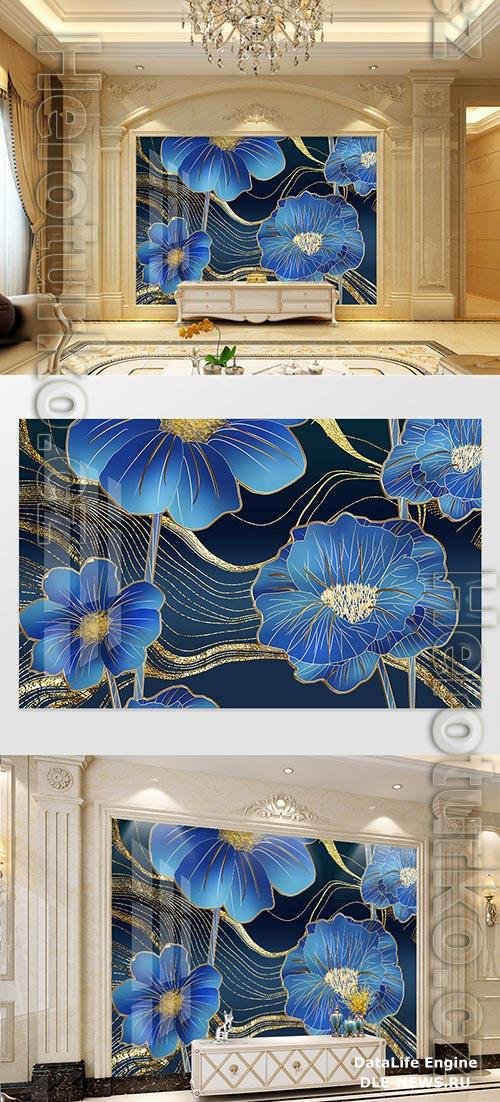 Blue three-dimensional plant embossed flower background wall