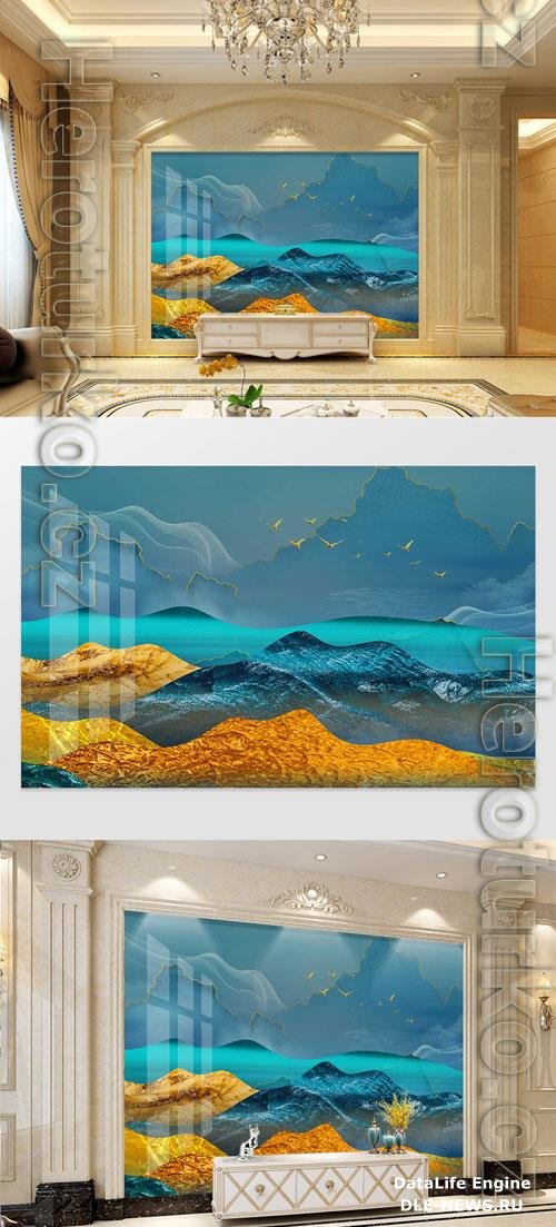 Blue gilt texture landscape new Chinese style background wall