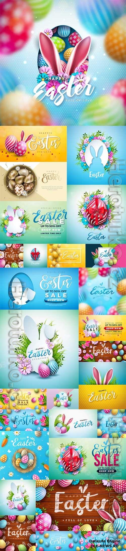 Happy easter poster and colorful easter eggs, bunny and flower