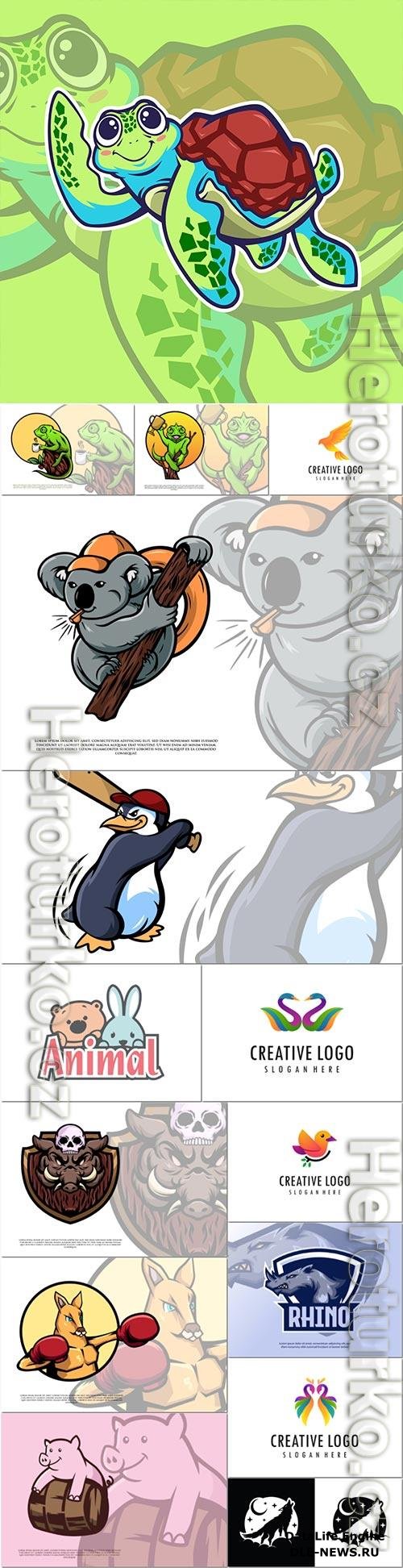 Mascot cute logo with animals and birds premium vector