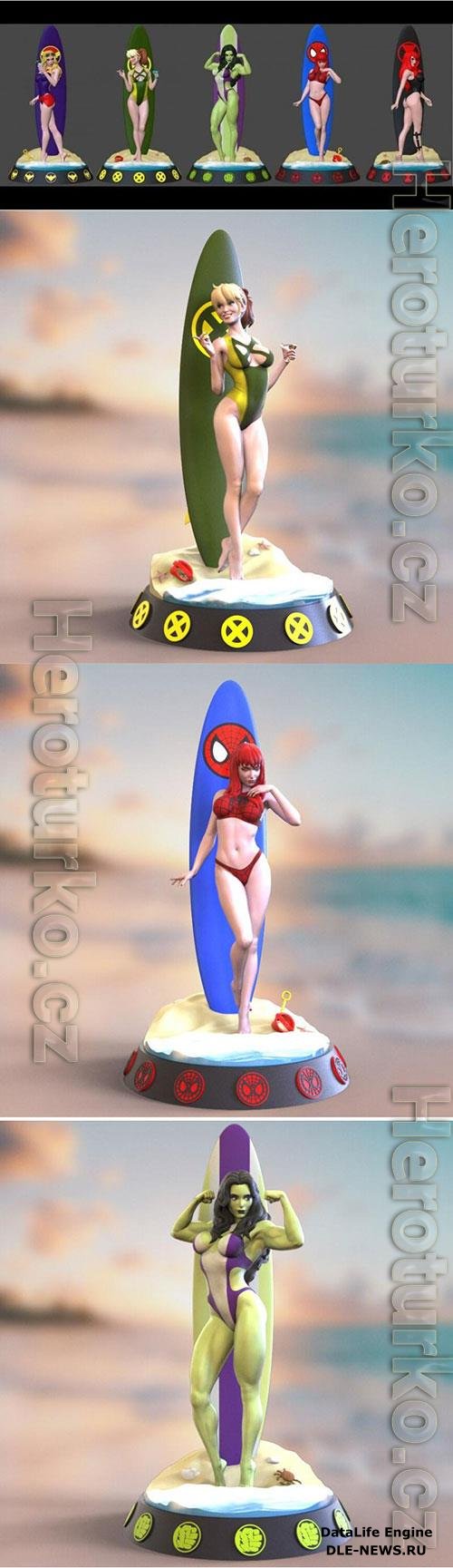 Surfers Marvel - Black Widow, Captain Marvel, MJ, Rogue, She Hulk 3D Print Model