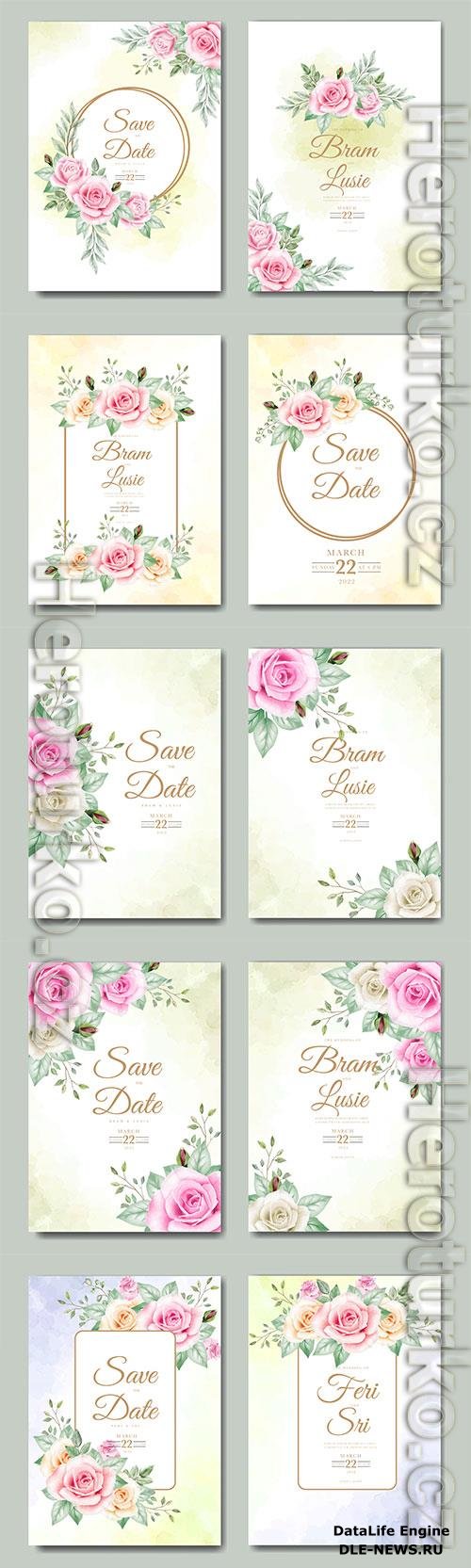 Wedding invitation card with floral leaves watercolor in vector