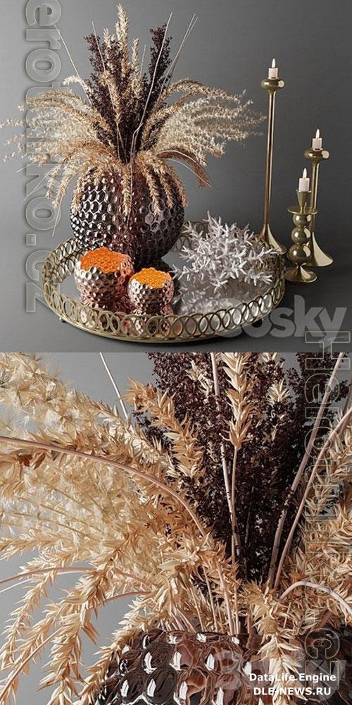 Bouquet of dried flowers in a glass vase on a tray 3D Model