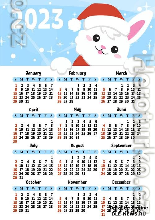 Color calendar for 2023 with a cute character rabbit week starts on sunday fun and bright design cartoon style