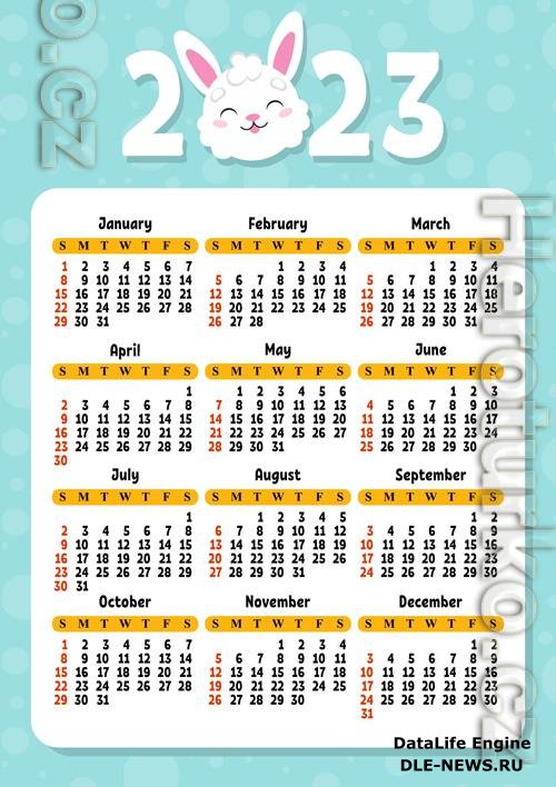 Calendar for 2023 with a cute character rabbit week starts on sunday fun and bright design cartoon style