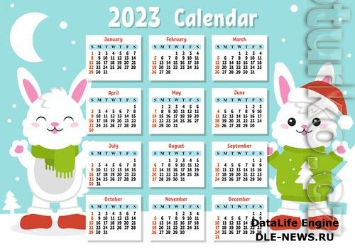 2023 Calendar with a cute character rabbit week starts on sunday fun and bright design cartoon style