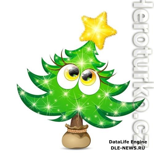 Funny fir tree girl character with yellow shiny star and christmas lights in a pot bag