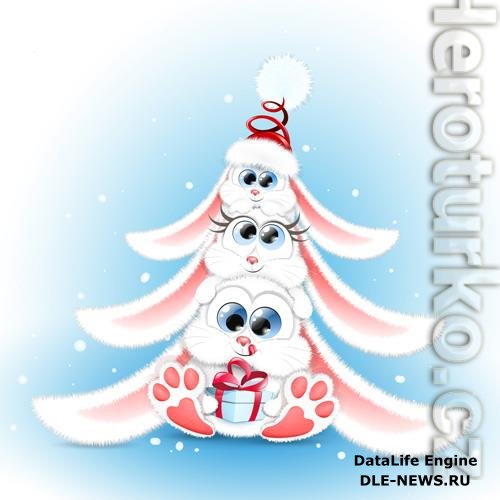 Cute fluffy cartoon white rabbit family sitting one on each other in christmas tree shape