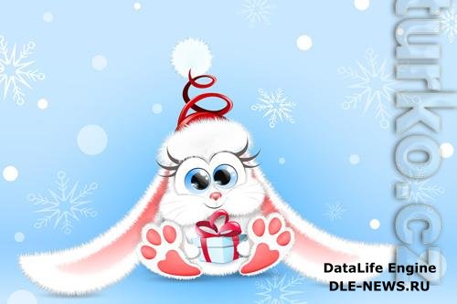 Cute fluffy cartoon white bunny in winter santa hat with little christmas gift box