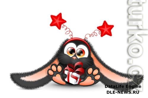 Cute fluffy black bunny in red star headband and gift box in his paws, chinese 2023 new year symbol