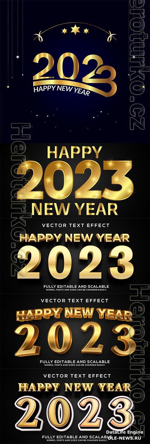 Gold happy new year 2023 3d bold editable text vector effect