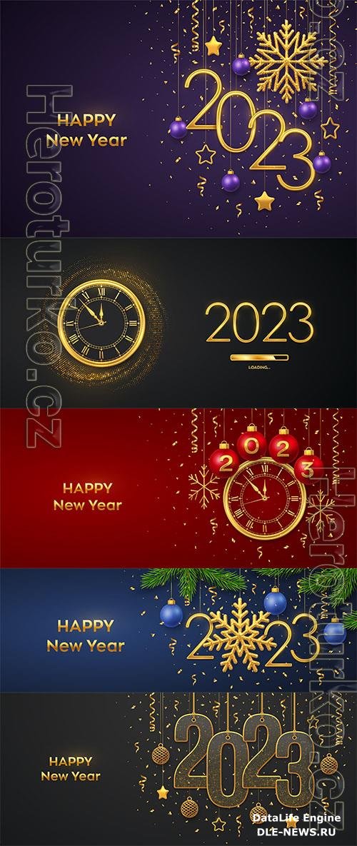 Happy new 2023 year hanging golden metallic numbers 2023 with snowflake balls pine branches and confetti